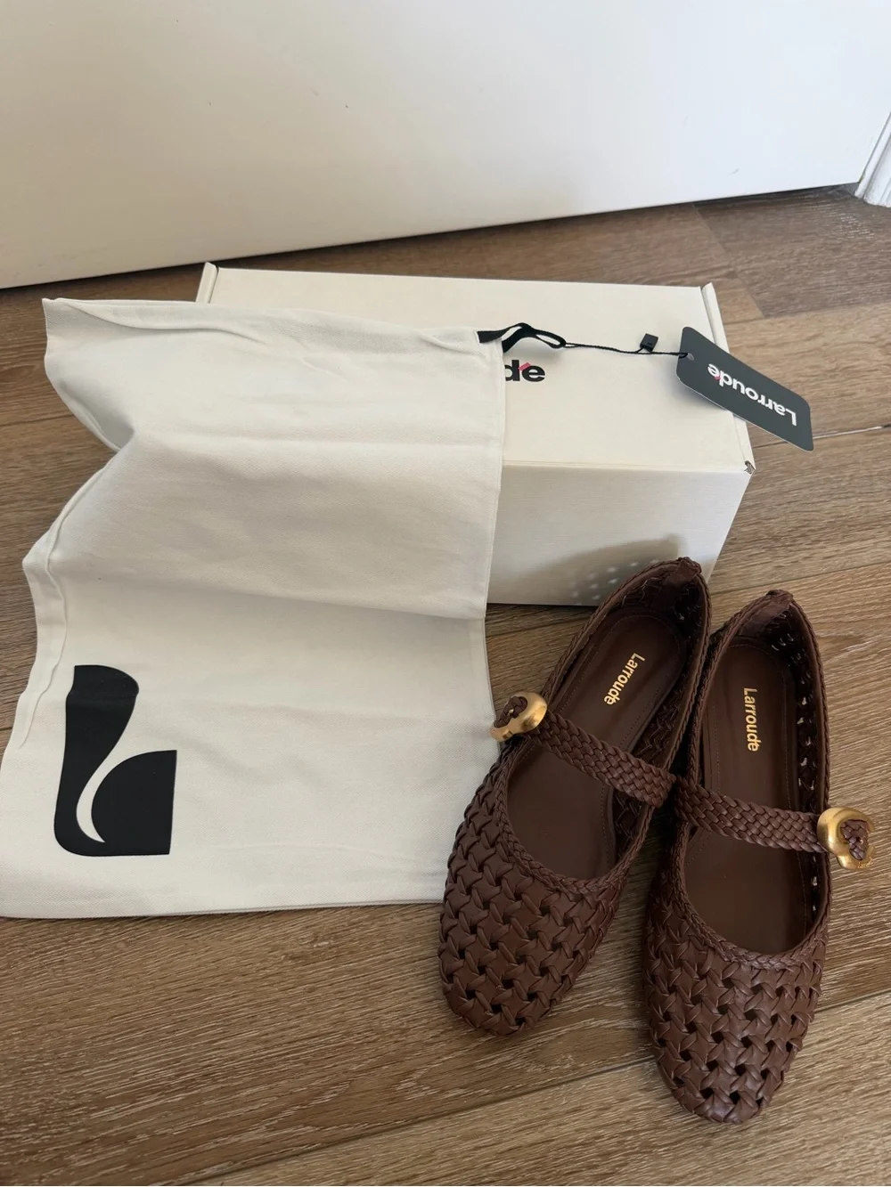 Larroude Brown Woven Mary Jane Flat with Gold Buckle - Picture 2 of 6